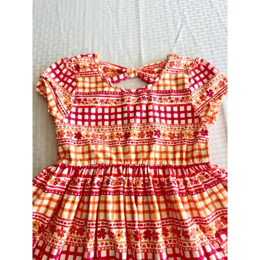 Flapdoodles Girls Orange Pink Gingham Floral Bow Back Pocket Dress Size 8